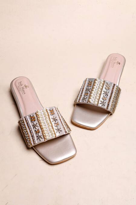 Shop_Sole Mates by Palak_Gold Kate Pearl Embroidered Flats _Online_at_Aza_Fashions