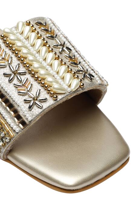 Sole Mates by Palak_Gold Kate Pearl Embroidered Flats _at_Aza_Fashions