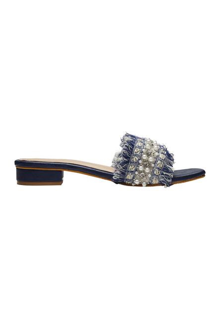 Sole Mates by Palak_Blue Pearls, Crystals, Fringe, Embroidery Boho Chic Embellished Tasselled Flats _Online_at_Aza_Fashions