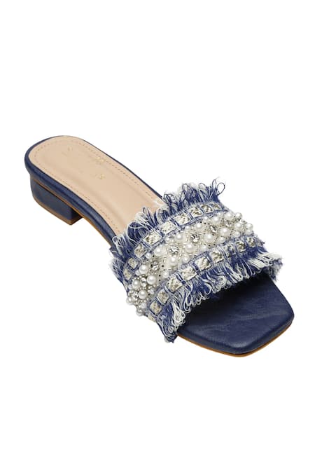 Buy_Sole Mates by Palak_Blue Pearls, Crystals, Fringe, Embroidery Boho Chic Embellished Tasselled Flats _Online_at_Aza_Fashions