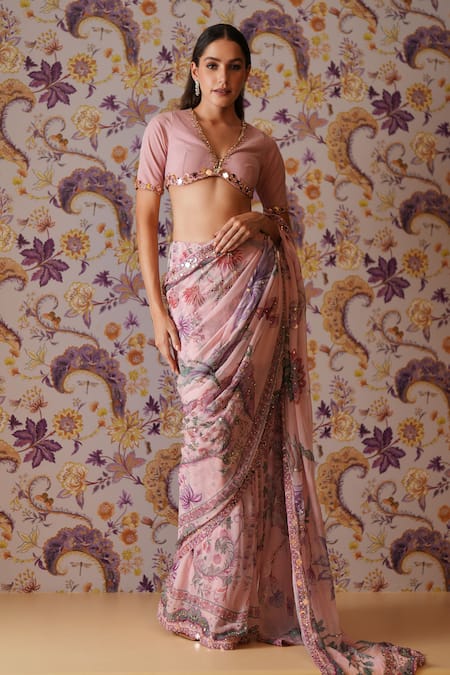 Mahima Mahajan_Lilac Georgette Sequins, Sofia Floral Print Pre-draped Saree And Blouse Set _Online_at_Aza_Fashions