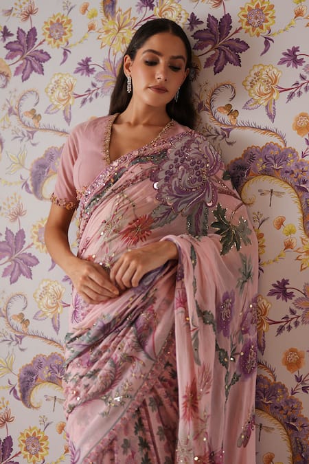 Buy_Mahima Mahajan_Lilac Georgette Sequins, Sofia Floral Print Pre-draped Saree And Blouse Set _Online_at_Aza_Fashions
