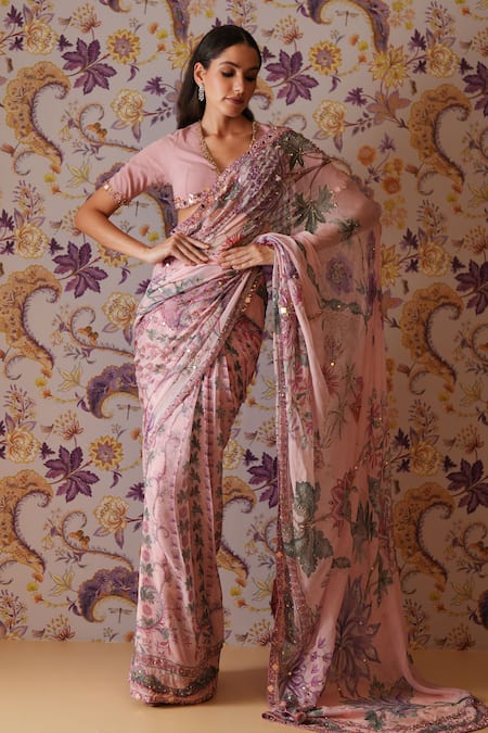 Shop_Mahima Mahajan_Lilac Georgette Sequins, Sofia Floral Print Pre-draped Saree And Blouse Set _Online_at_Aza_Fashions