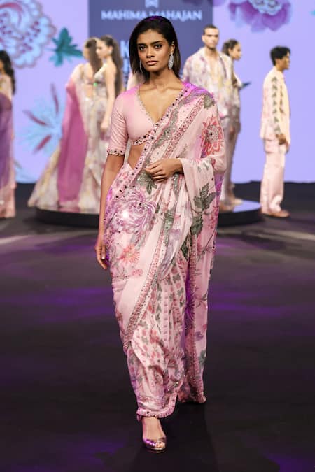 Mahima Mahajan_Lilac Georgette Sequins, Sofia Floral Print Pre-draped Saree And Blouse Set _at_Aza_Fashions