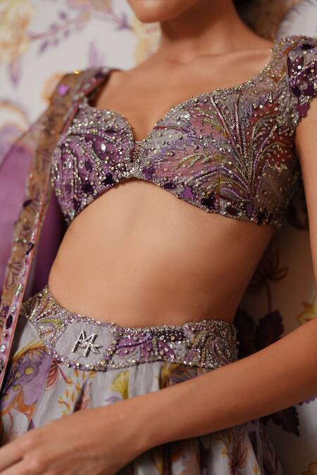 Mahima Mahajan_Purple Silk Organza Sequins, Embroidery, Beads Layla Floral Print Lehenga Set  _Online_at_Aza_Fashions