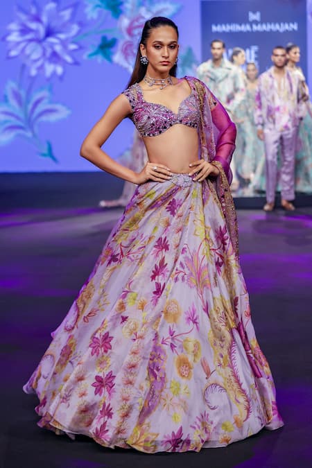 Buy_Mahima Mahajan_Purple Silk Organza Sequins, Embroidery, Beads Layla Floral Print Lehenga Set  _Online_at_Aza_Fashions