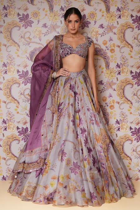 Buy_Mahima Mahajan_Purple Silk Organza Sequins, Embroidery, Beads Layla Floral Print Lehenga Set  