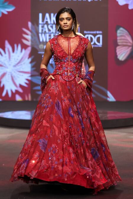 Buy_Mahima Mahajan_Red Silk Organza Sequins, Beads, Embroidery V-neck, Zohra Floral Lehenga Set _Online_at_Aza_Fashions
