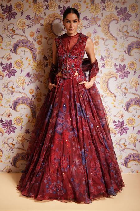 Shop_Mahima Mahajan_Red Silk Organza Sequins, Beads, Embroidery V-neck, Zohra Floral Lehenga Set _Online_at_Aza_Fashions