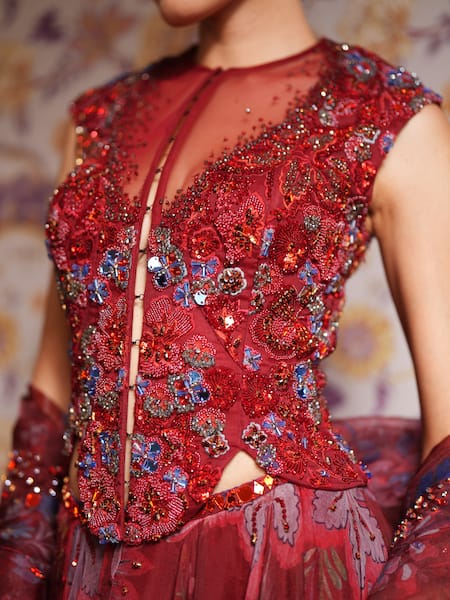 Shop_Mahima Mahajan_Red Silk Organza Sequins, Beads, Embroidery V-neck, Zohra Floral Lehenga Set 