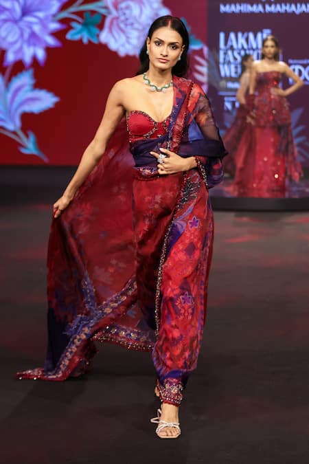 Buy_Mahima Mahajan_Red Silk Organza Beads, Stones, Aziza Print Pre-draped Saree And Corset Set _Online_at_Aza_Fashions
