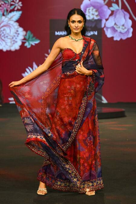 Shop_Mahima Mahajan_Red Silk Organza Beads, Stones, Aziza Print Pre-draped Saree And Corset Set _Online_at_Aza_Fashions
