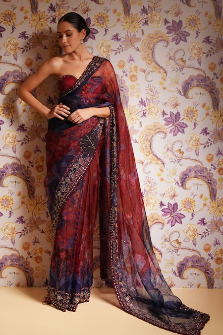 Mahima Mahajan_Red Silk Organza Beads, Stones, Aziza Print Pre-draped Saree And Corset Set _at_Aza_Fashions