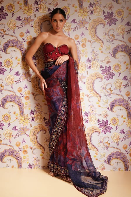 Buy_Mahima Mahajan_Red Silk Organza Beads, Stones, Aziza Print Pre-draped Saree And Corset Set 