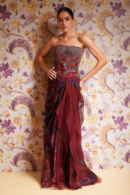 Mahima Mahajan_Red Silk Organza Beads, Embroidery, Sequins Mira Corset And Draped Skirt Set _Online_at_Aza_Fashions