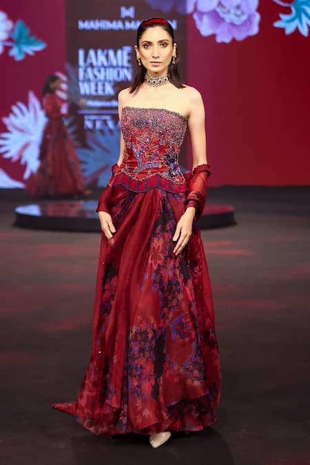 Shop_Mahima Mahajan_Red Silk Organza Beads, Embroidery, Sequins Mira Corset And Draped Skirt Set _Online_at_Aza_Fashions