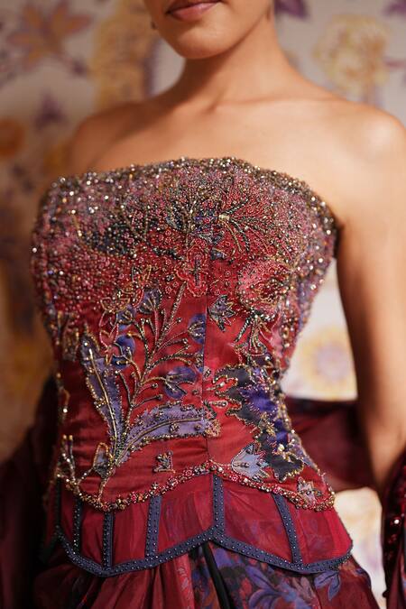 Mahima Mahajan_Red Silk Organza Beads, Embroidery, Sequins Mira Corset And Draped Skirt Set _at_Aza_Fashions