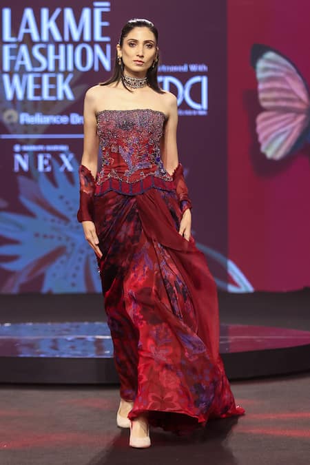 Buy_Mahima Mahajan_Red Silk Organza Beads, Embroidery, Sequins Mira Corset And Draped Skirt Set 