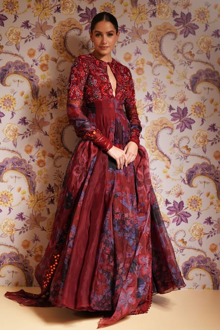 Shop Mahima Mahajan Red Silk Organza Sequins, Beads, Stones, Barkha Floral Anarkali And Dupatta Set Online at Aza Fashions Shop_Mahima Mahajan_Red Silk Organza Sequins, Beads, Stones, Barkha Floral Anarkali And Dupatta Set _Online_at_Aza_Fashions