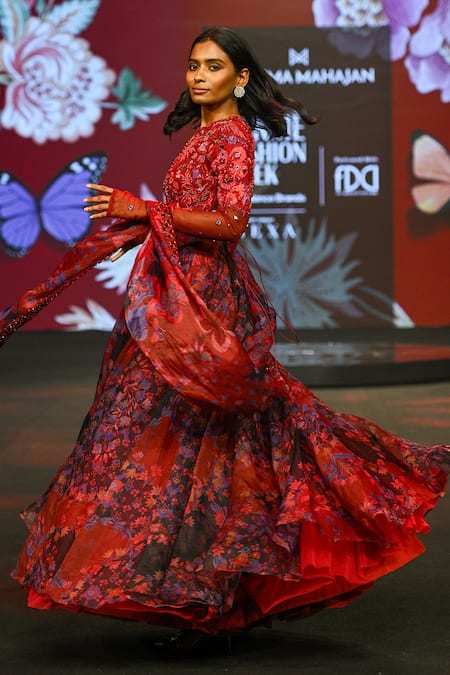 Mahima Mahajan Red Silk Organza Sequins, Beads, Stones, Barkha Floral Anarkali And Dupatta Set at Aza Fashions Mahima Mahajan_Red Silk Organza Sequins, Beads, Stones, Barkha Floral Anarkali And Dupatta Set _at_Aza_Fashions