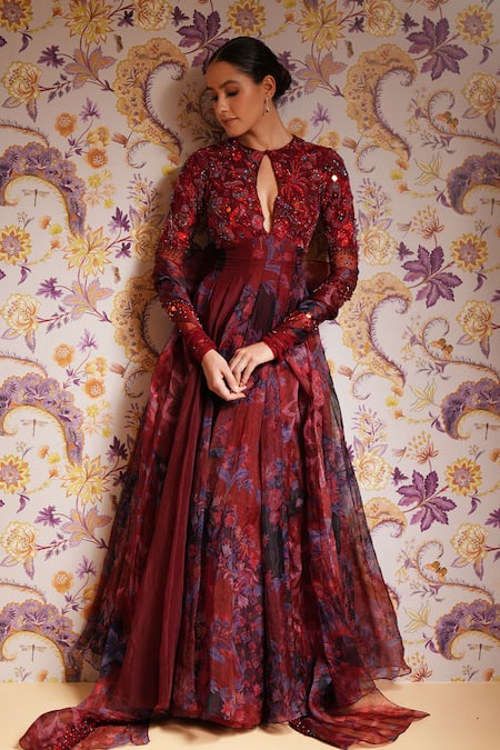 Buy Mahima Mahajan Red Silk Organza Sequins, Beads, Stones, Barkha Floral Anarkali And Dupatta Set Buy_Mahima Mahajan_Red Silk Organza Sequins, Beads, Stones, Barkha Floral Anarkali And Dupatta Set