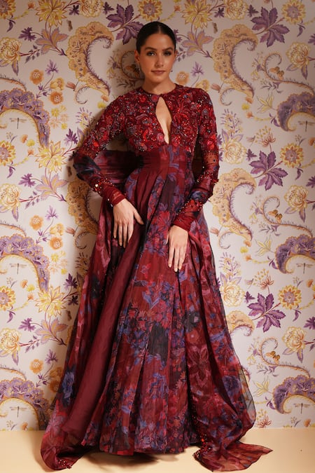 Shop Mahima Mahajan Red Silk Organza Sequins, Beads, Stones, Barkha Floral Anarkali And Dupatta Set Shop_Mahima Mahajan_Red Silk Organza Sequins, Beads, Stones, Barkha Floral Anarkali And Dupatta Set