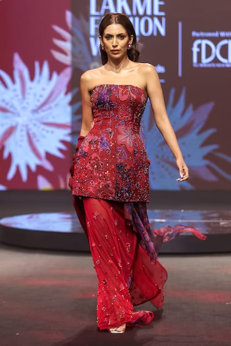 Buy_Mahima Mahajan_Red Silk Organza Sequins, Embroidery Bandeau Nazma Tunic And Draped Skirt Set _Online_at_Aza_Fashions