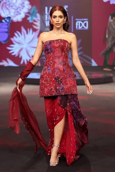Shop_Mahima Mahajan_Red Silk Organza Sequins, Embroidery Bandeau Nazma Tunic And Draped Skirt Set _Online_at_Aza_Fashions