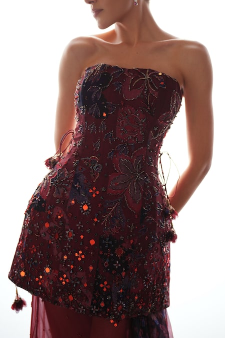 Mahima Mahajan_Red Silk Organza Sequins, Embroidery Bandeau Nazma Tunic And Draped Skirt Set _at_Aza_Fashions