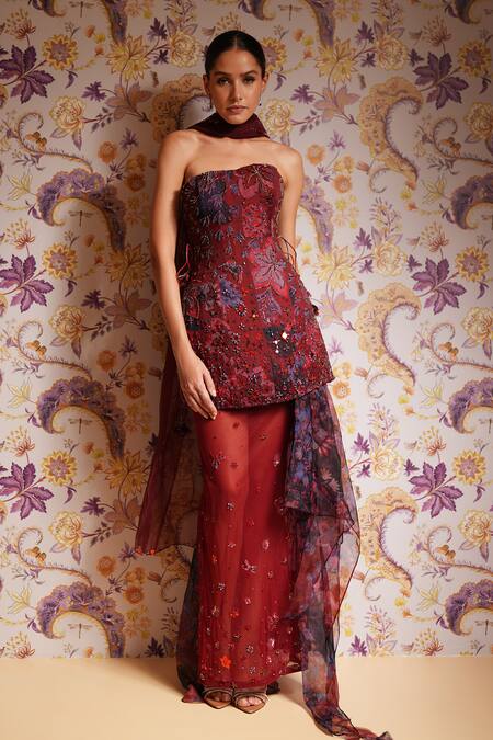 Shop_Mahima Mahajan_Red Silk Organza Sequins, Embroidery Bandeau Nazma Tunic And Draped Skirt Set 