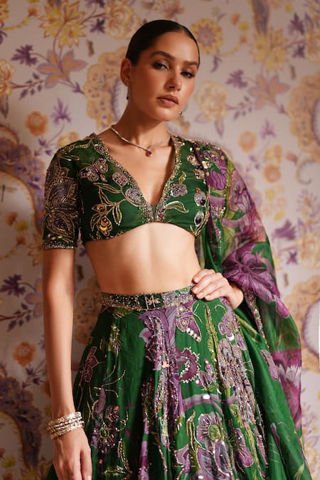 Mahima Mahajan_Green Silk Organza Sequins, Embroidery, Zari V-neck Zahida Floral Lehenga Set _Online_at_Aza_Fashions