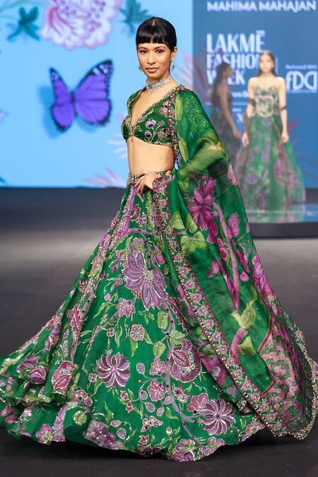 Buy_Mahima Mahajan_Green Silk Organza Sequins, Embroidery, Zari V-neck Zahida Floral Lehenga Set _Online_at_Aza_Fashions