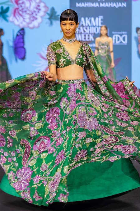 Shop_Mahima Mahajan_Green Silk Organza Sequins, Embroidery, Zari V-neck Zahida Floral Lehenga Set _Online_at_Aza_Fashions