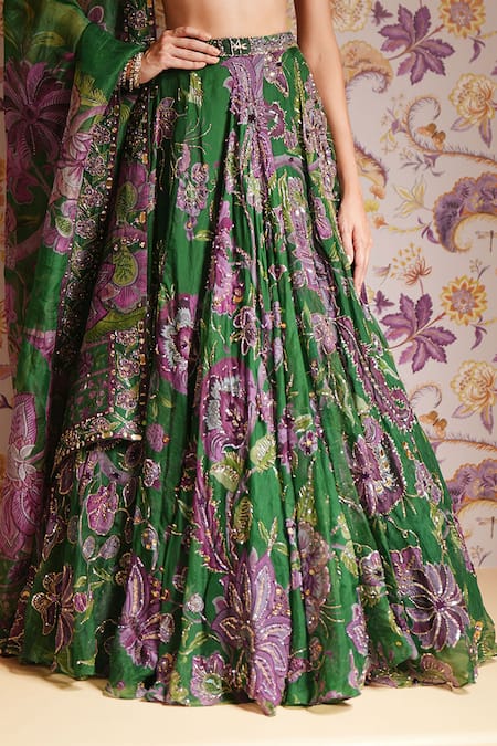 Mahima Mahajan_Green Silk Organza Sequins, Embroidery, Zari V-neck Zahida Floral Lehenga Set _at_Aza_Fashions