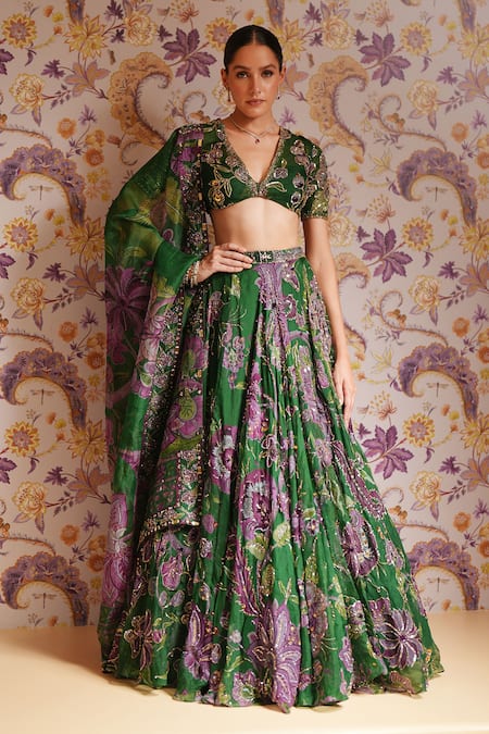 Buy_Mahima Mahajan_Green Silk Organza Sequins, Embroidery, Zari V-neck Zahida Floral Lehenga Set 