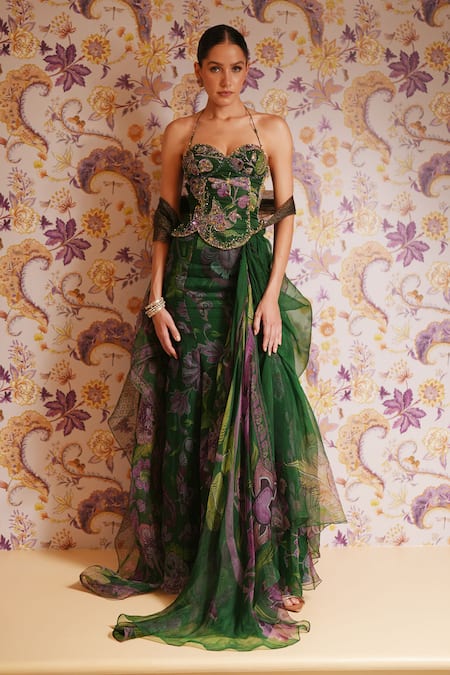 Mahima Mahajan Green Silk Organza Beads, Sequins, Embroidery Kayra Corset And Draped Skirt Set Online at Aza Fashions Mahima Mahajan_Green Silk Organza Beads, Sequins, Embroidery Kayra Corset And Draped Skirt Set _Online_at_Aza_Fashions