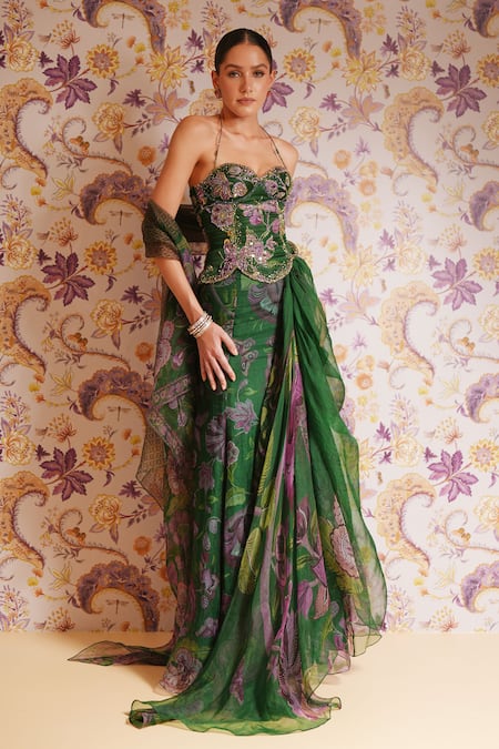 Shop Mahima Mahajan Green Silk Organza Beads, Sequins, Embroidery Kayra Corset And Draped Skirt Set Online at Aza Fashions Shop_Mahima Mahajan_Green Silk Organza Beads, Sequins, Embroidery Kayra Corset And Draped Skirt Set _Online_at_Aza_Fashions