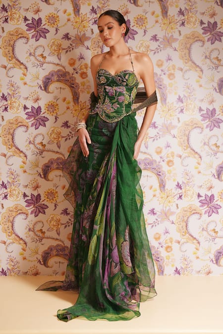 Mahima Mahajan Green Silk Organza Beads, Sequins, Embroidery Kayra Corset And Draped Skirt Set at Aza Fashions Mahima Mahajan_Green Silk Organza Beads, Sequins, Embroidery Kayra Corset And Draped Skirt Set _at_Aza_Fashions