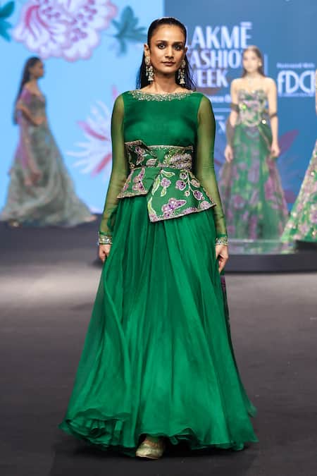 Mahima Mahajan_Green Silk Organza Embroidery, Sequins Round Zerina Anarkali With Corset Belt _Online_at_Aza_Fashions