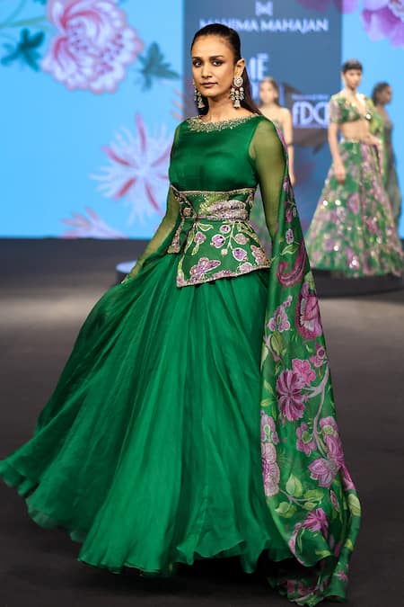 Buy_Mahima Mahajan_Green Silk Organza Embroidery, Sequins Round Zerina Anarkali With Corset Belt _Online_at_Aza_Fashions