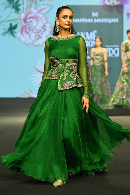 Shop_Mahima Mahajan_Green Silk Organza Embroidery, Sequins Round Zerina Anarkali With Corset Belt _Online_at_Aza_Fashions