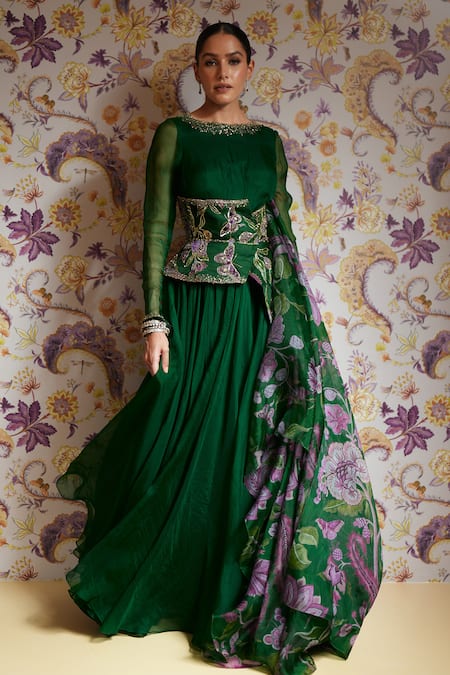 Mahima Mahajan_Green Silk Organza Embroidery, Sequins Round Zerina Anarkali With Corset Belt _at_Aza_Fashions