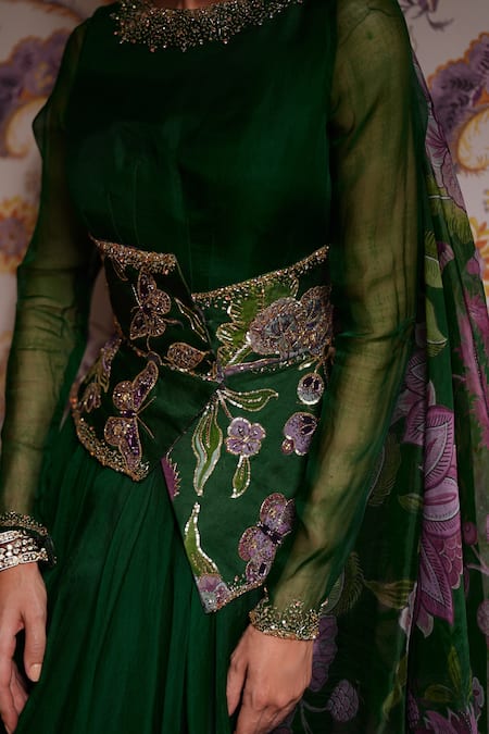Buy_Mahima Mahajan_Green Silk Organza Embroidery, Sequins Round Zerina Anarkali With Corset Belt 
