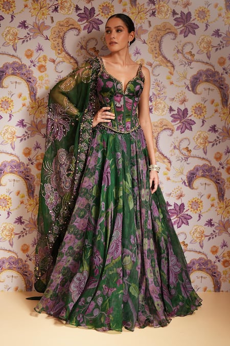 Mahima Mahajan_Green Silk Organza Sequins, Embroidery, Busra Floral Print Corset Lehenga Set _Online_at_Aza_Fashions