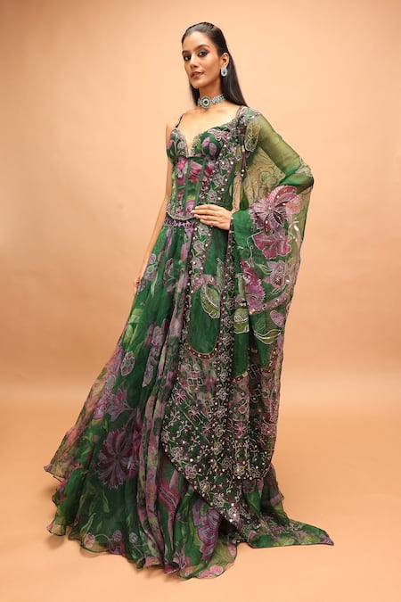Buy_Mahima Mahajan_Green Silk Organza Sequins, Embroidery, Busra Floral Print Corset Lehenga Set _Online_at_Aza_Fashions