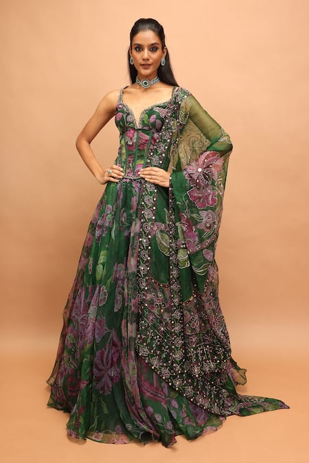 Shop_Mahima Mahajan_Green Silk Organza Sequins, Embroidery, Busra Floral Print Corset Lehenga Set _Online_at_Aza_Fashions