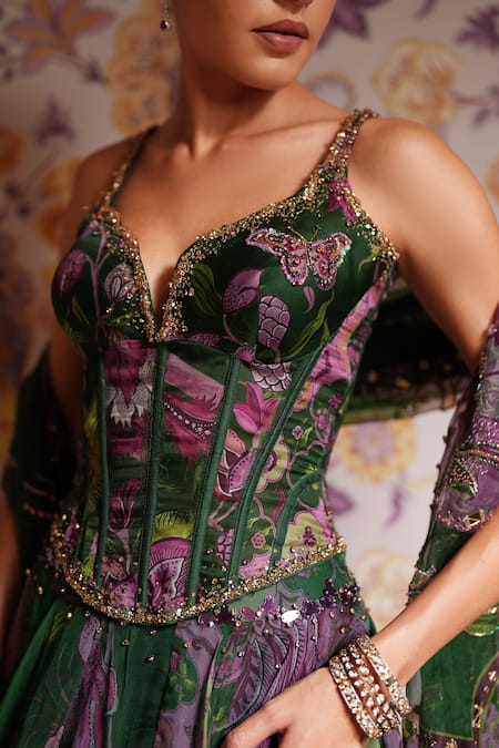 Buy_Mahima Mahajan_Green Silk Organza Sequins, Embroidery, Busra Floral Print Corset Lehenga Set 