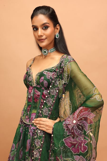 Shop_Mahima Mahajan_Green Silk Organza Sequins, Embroidery, Busra Floral Print Corset Lehenga Set 
