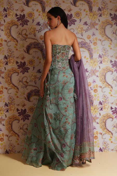 Mahima Mahajan_Green Silk Organza Sequins, Stones, Nasiha Floral Print Corset Skirt Set _Online_at_Aza_Fashions