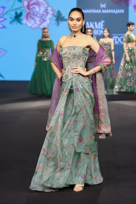 Shop_Mahima Mahajan_Green Silk Organza Sequins, Stones, Nasiha Floral Print Corset Skirt Set _Online_at_Aza_Fashions